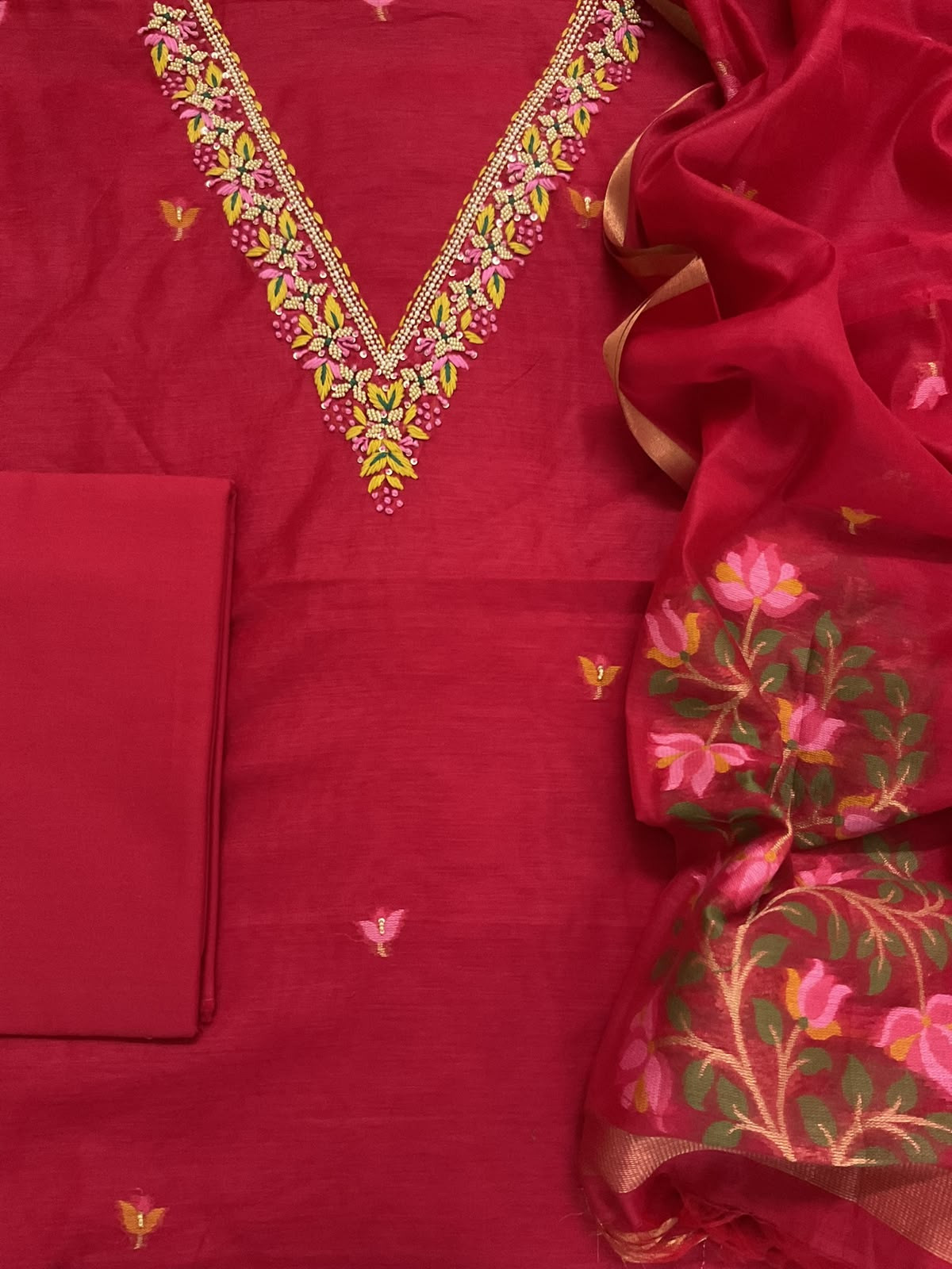 Soft Kora Chanderi Jamdani Weaved Embroidered Suit - Red