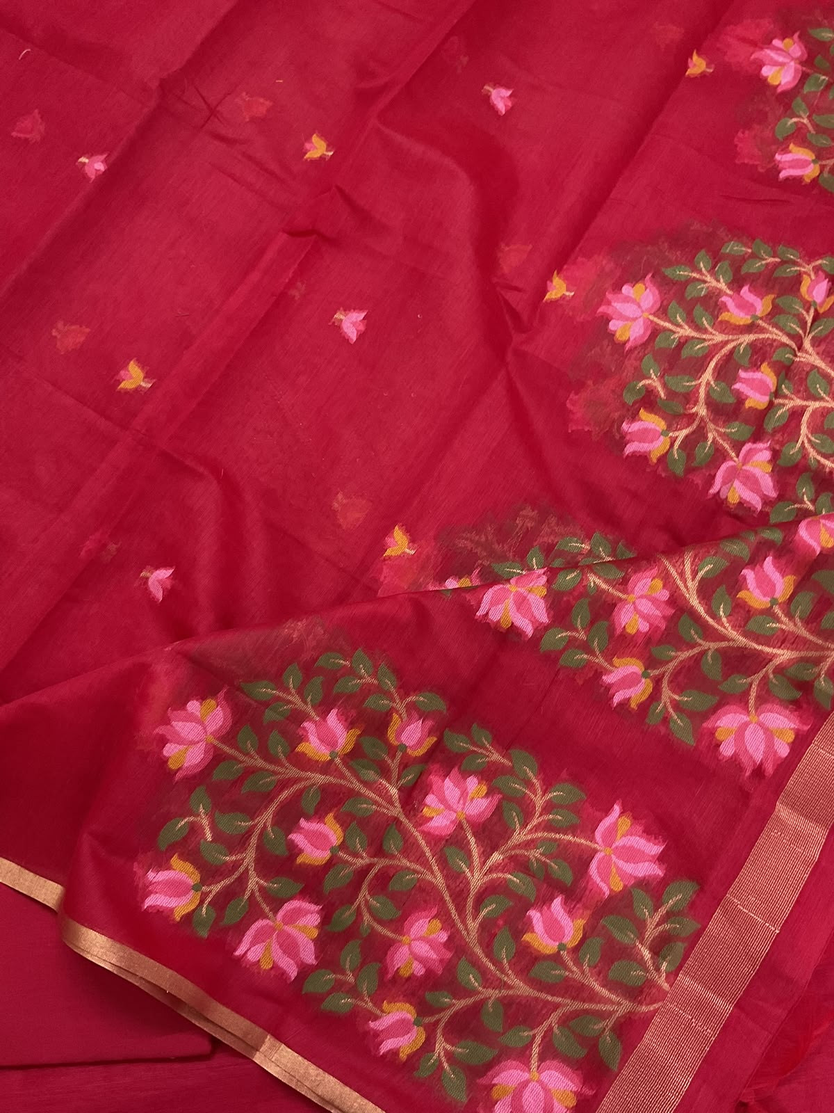 Soft Kora Chanderi Jamdani Weaved Embroidered Suit - Red