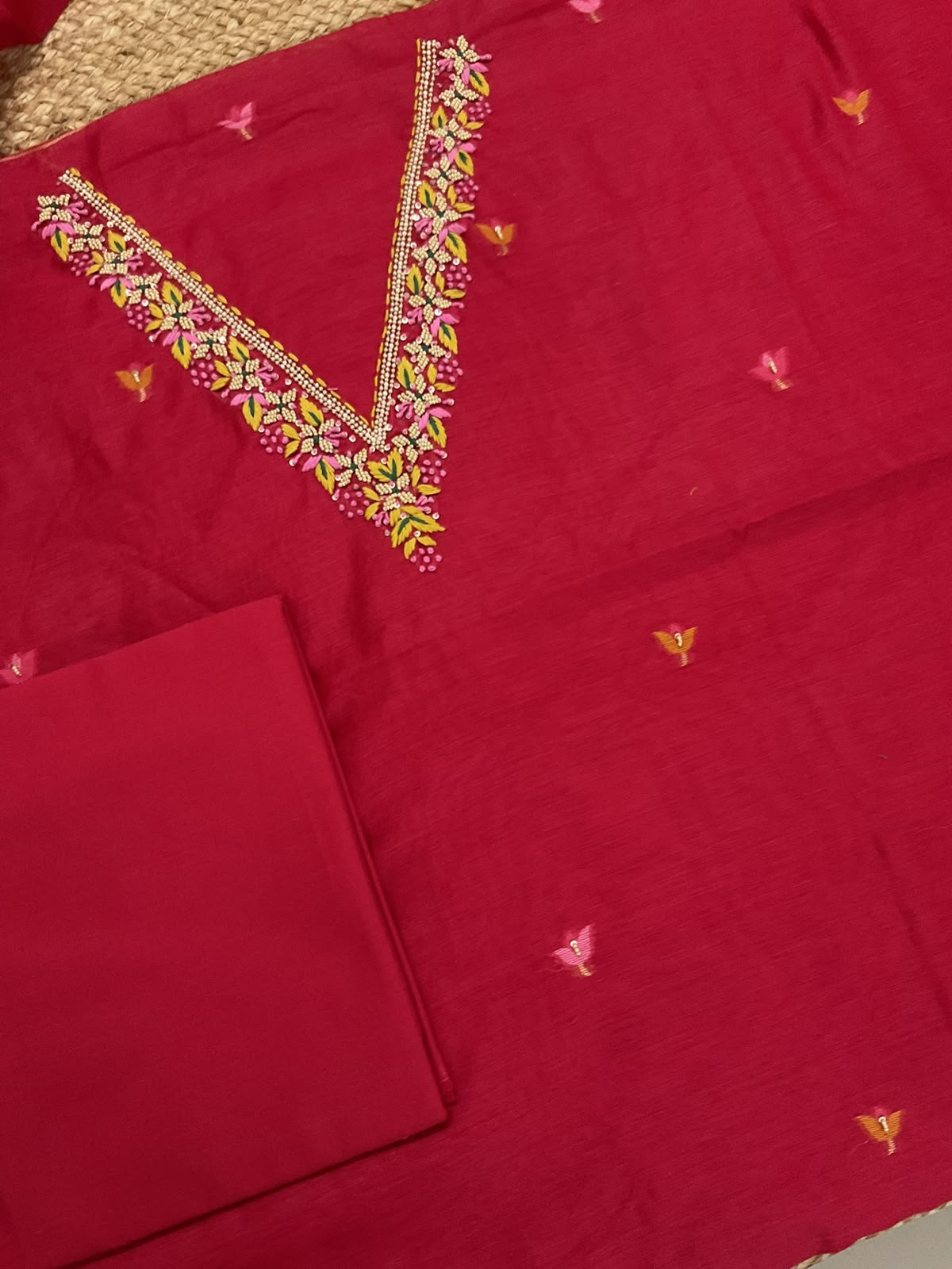 Soft Kora Chanderi Jamdani Weaved Embroidered Suit - Red