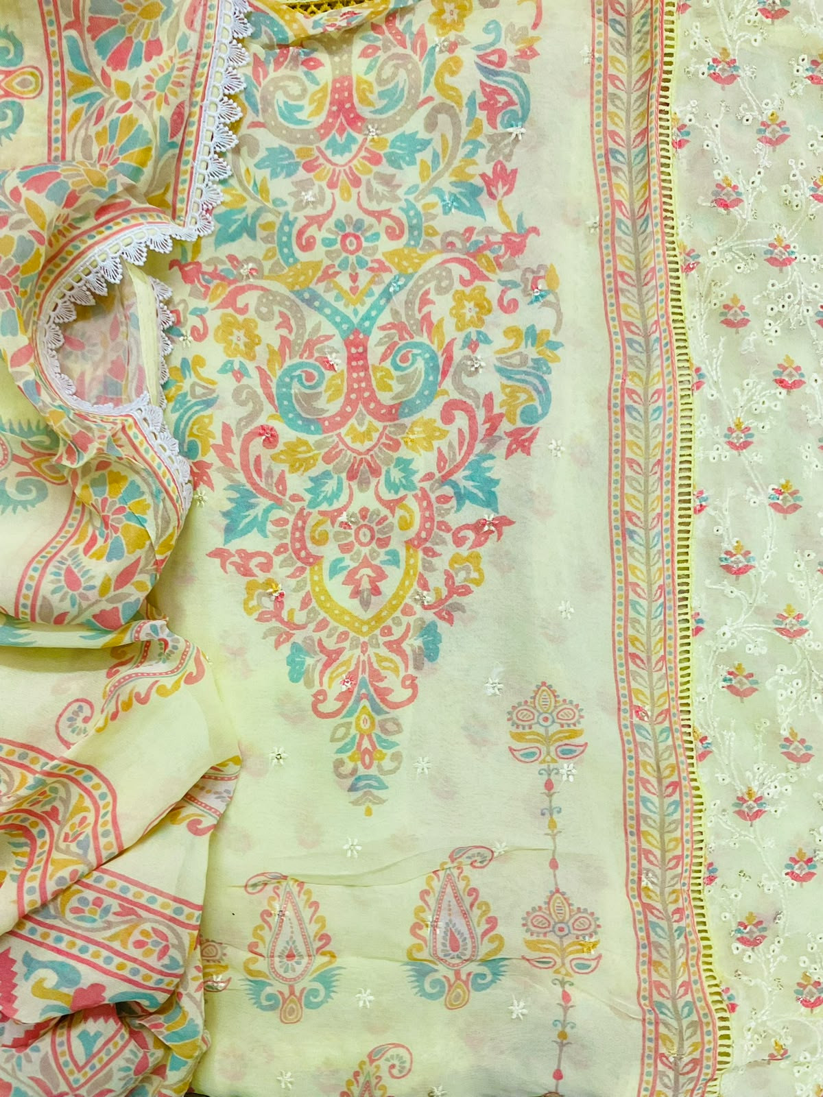 Pure Fine Georgette Printed Embroidered Suit - Yellow