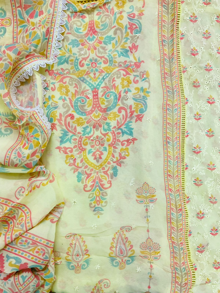Image of Pure Fine Georgette Printed Embroidered Suit - Yellow