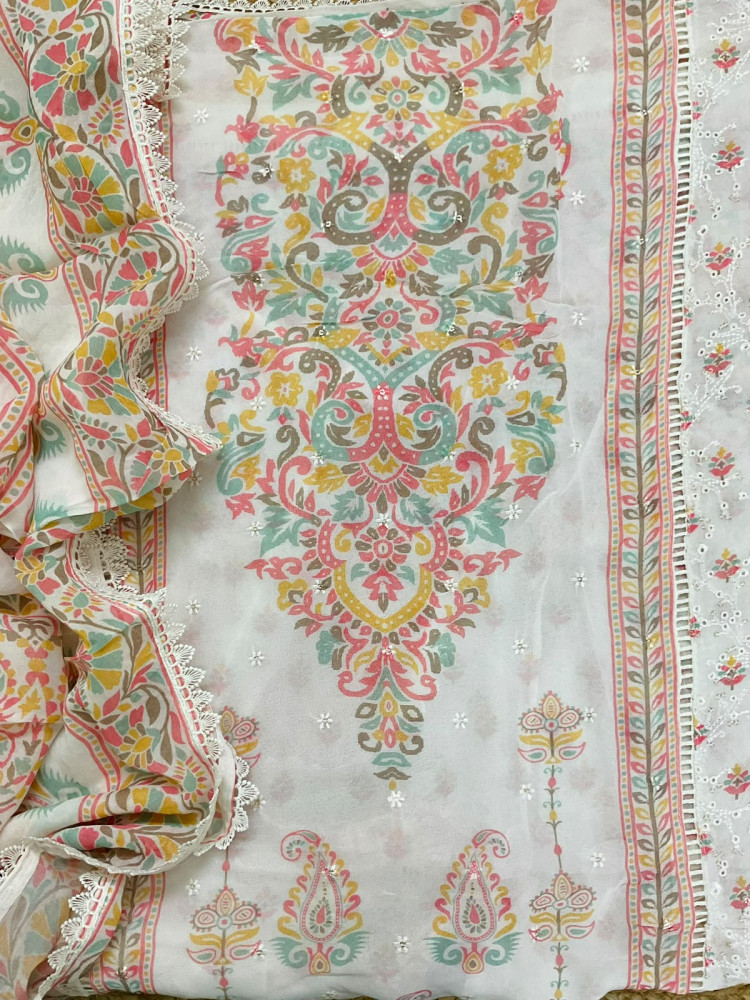 Image of Pure Fine Georgette Printed Embroidered Suit - Offwhite