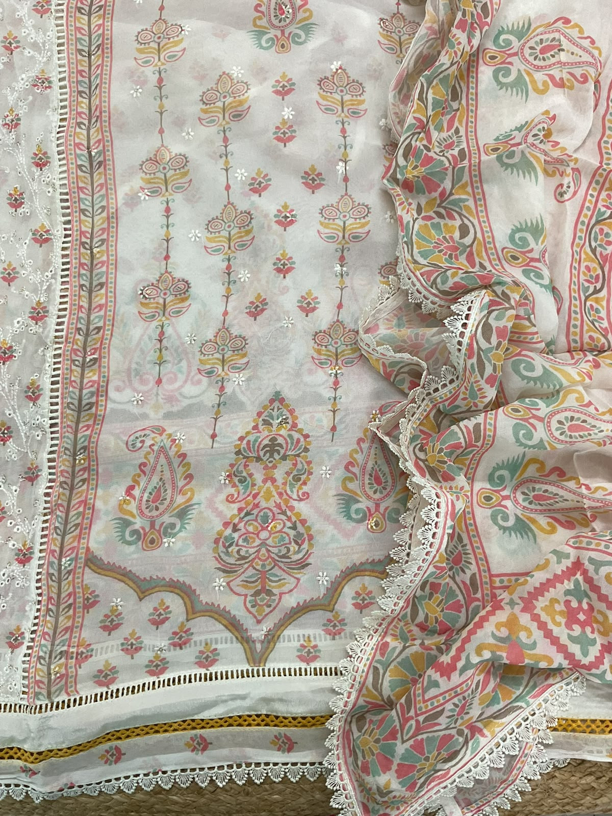 Pure Fine Georgette Printed Embroidered Suit - Offwhite