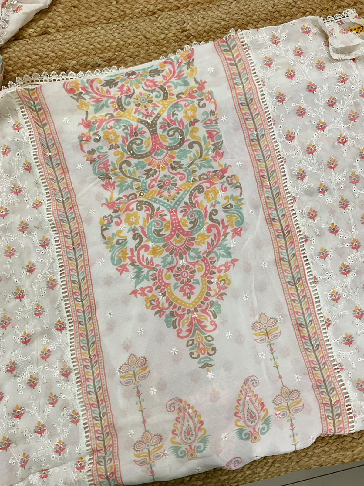 Pure Fine Georgette Printed Embroidered Suit - Offwhite