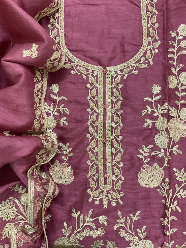 Image of Pure Slub Silk Embroidered Suit - Mauve