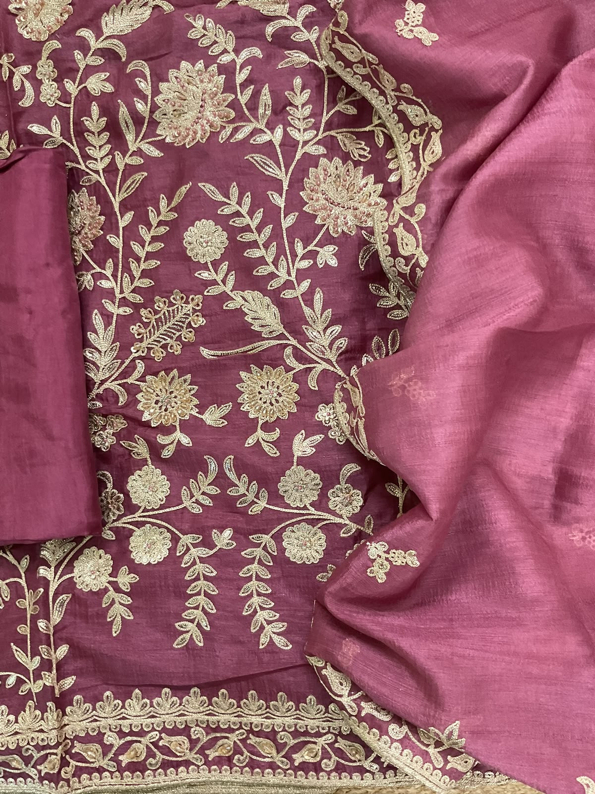 Pure Slub Silk Embroidered Suit - Mauve