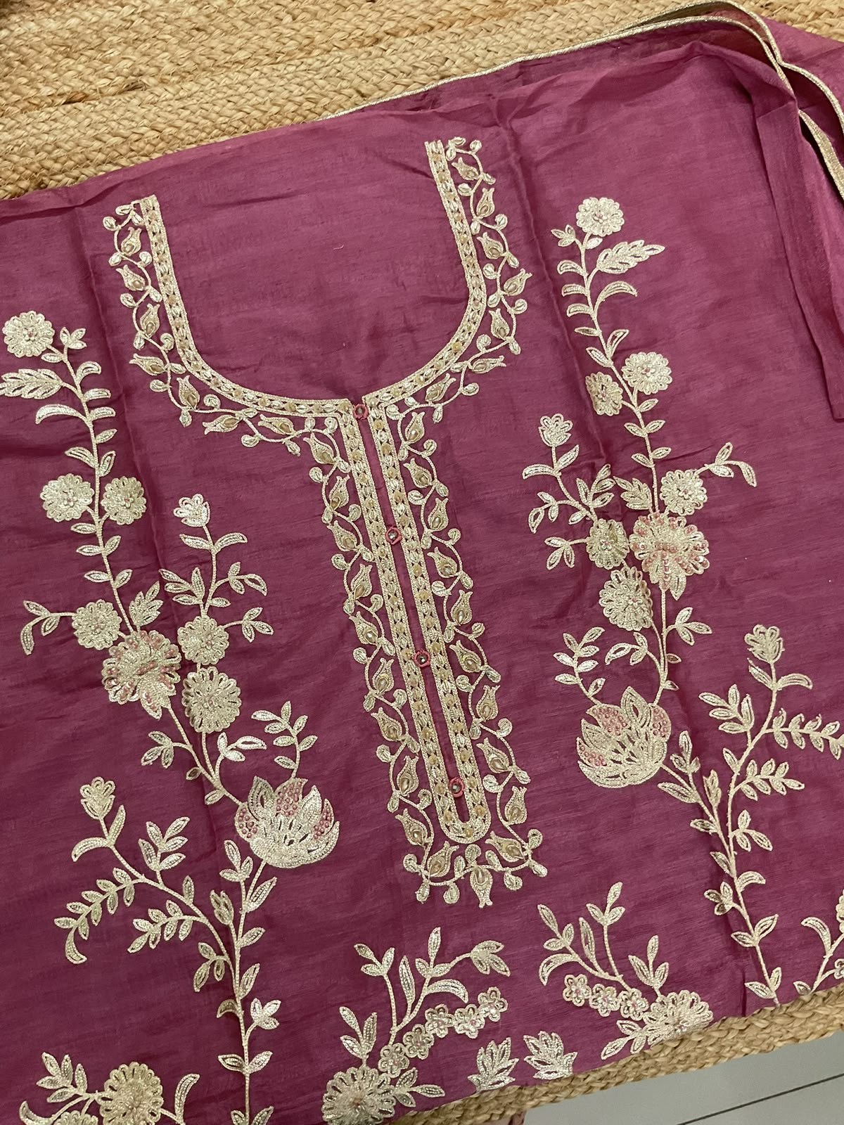 Pure Slub Silk Embroidered Suit - Mauve