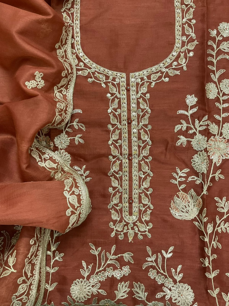 Image of Pure Slub Silk Embroidered Suit - Rust