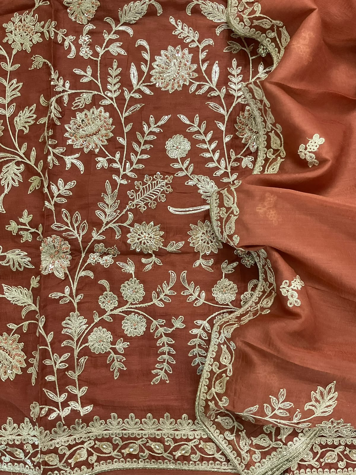 Pure Slub Silk Embroidered Suit - Rust