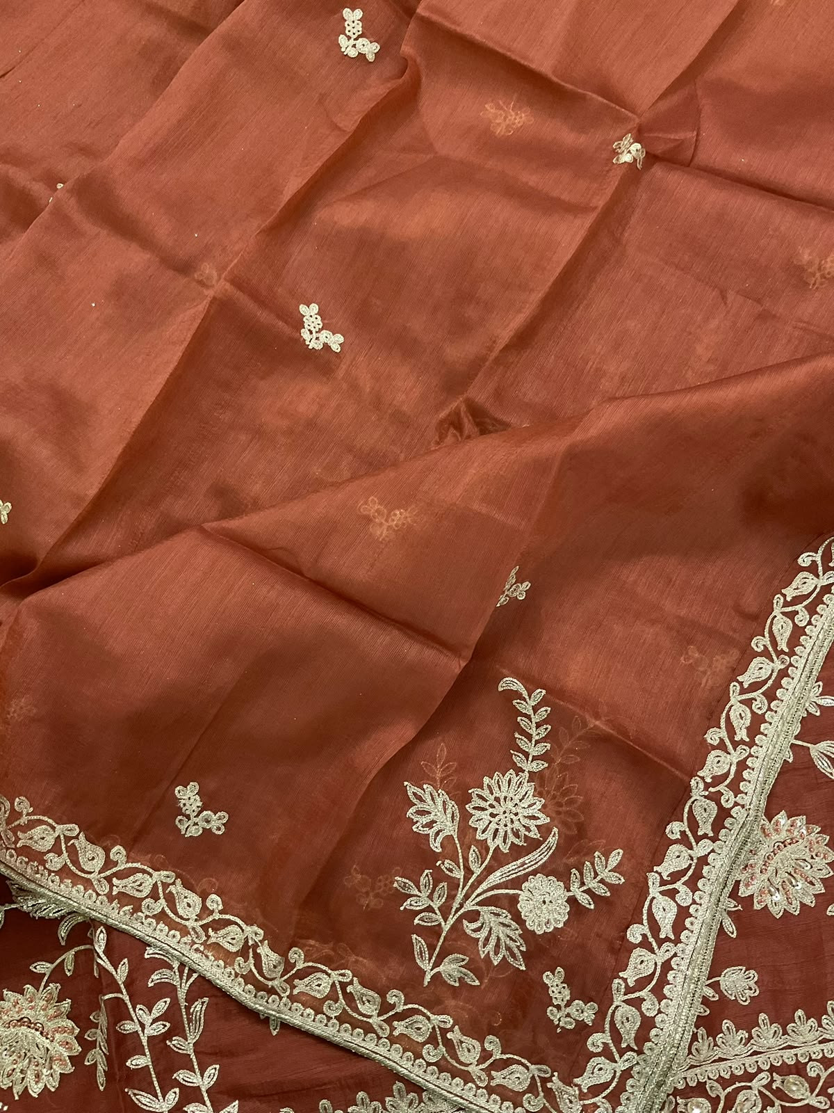 Pure Slub Silk Embroidered Suit - Rust