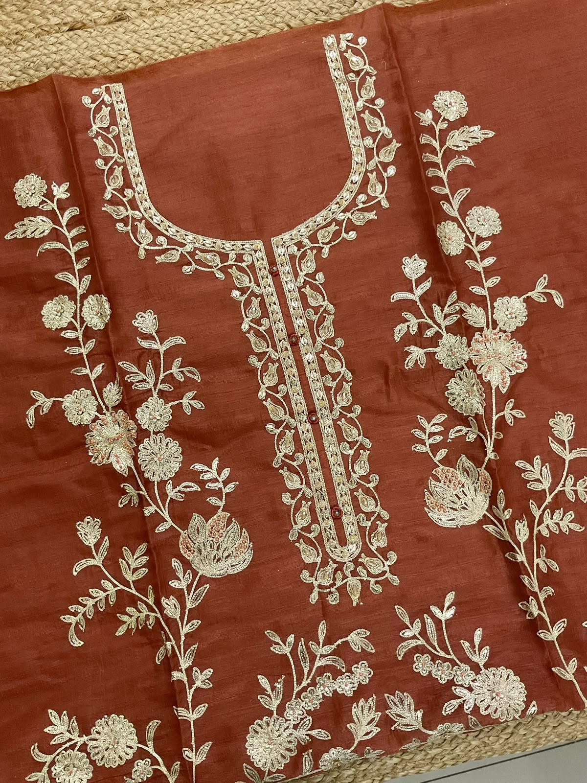 Pure Slub Silk Embroidered Suit - Rust