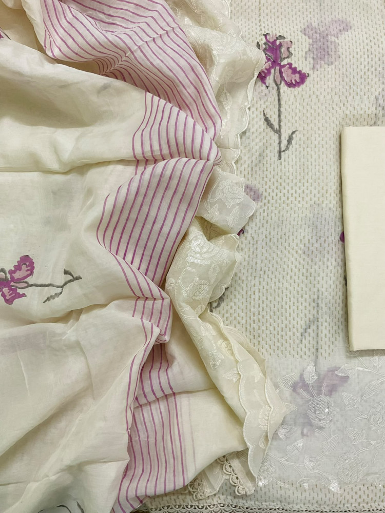 Image of Pure Muslin Printed Embroidered Suit - Cream