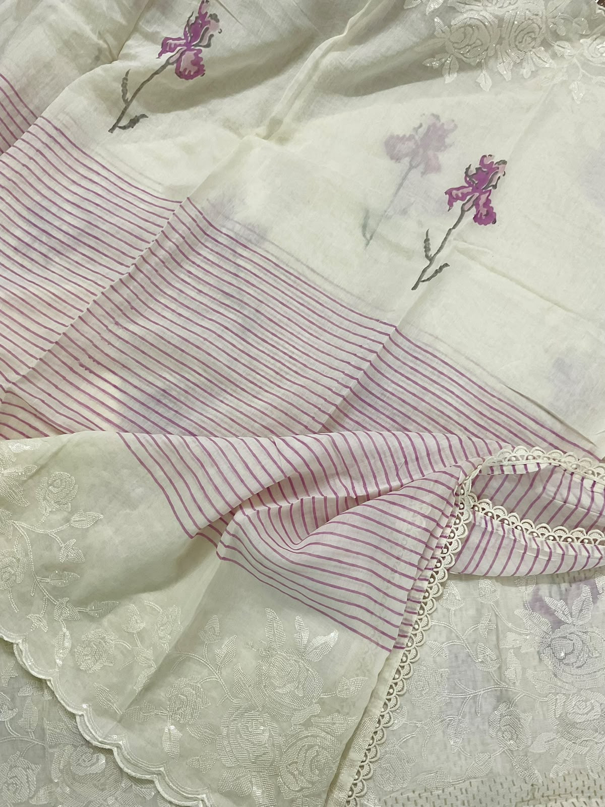 Pure Muslin Printed Embroidered Suit - Cream