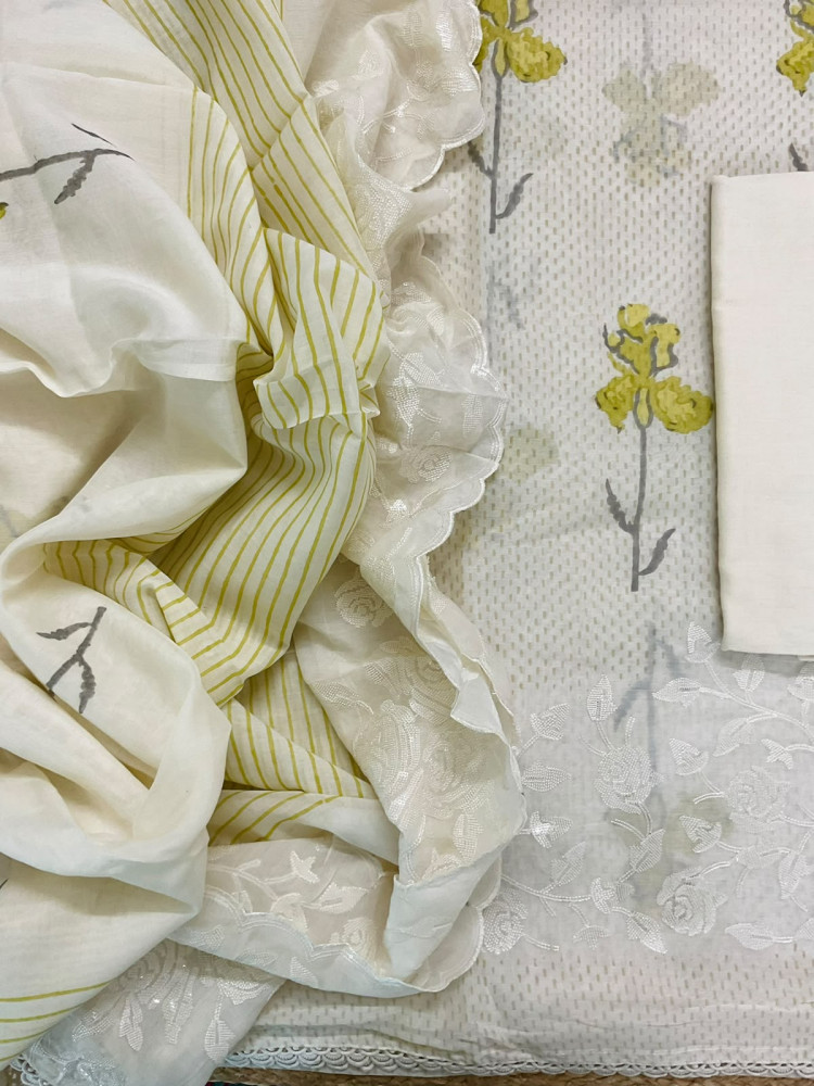Image of Pure Muslin Printed Embroidered Suit - Cream