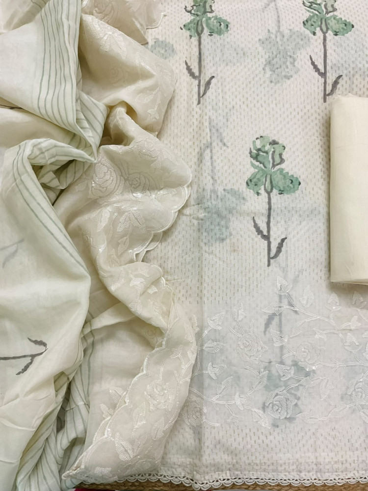 Image of Pure Muslin Printed Embroidered Suit - Cream
