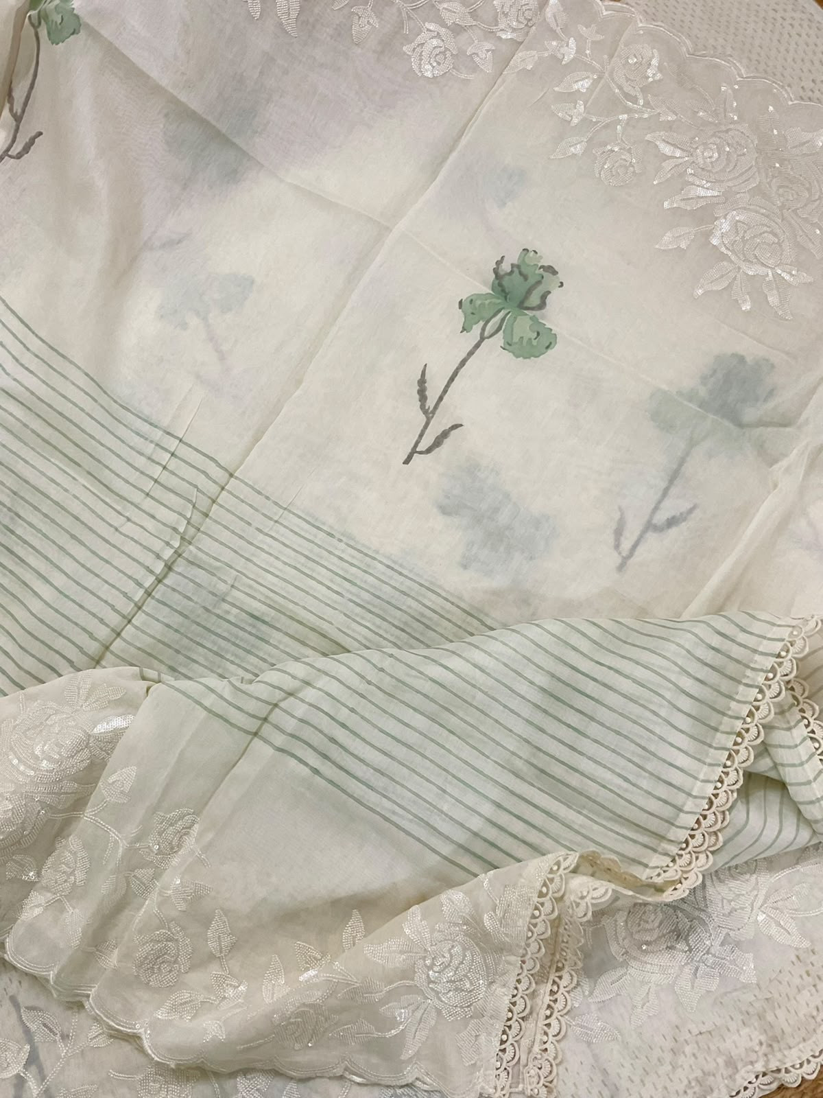 Pure Muslin Printed Embroidered Suit - Cream