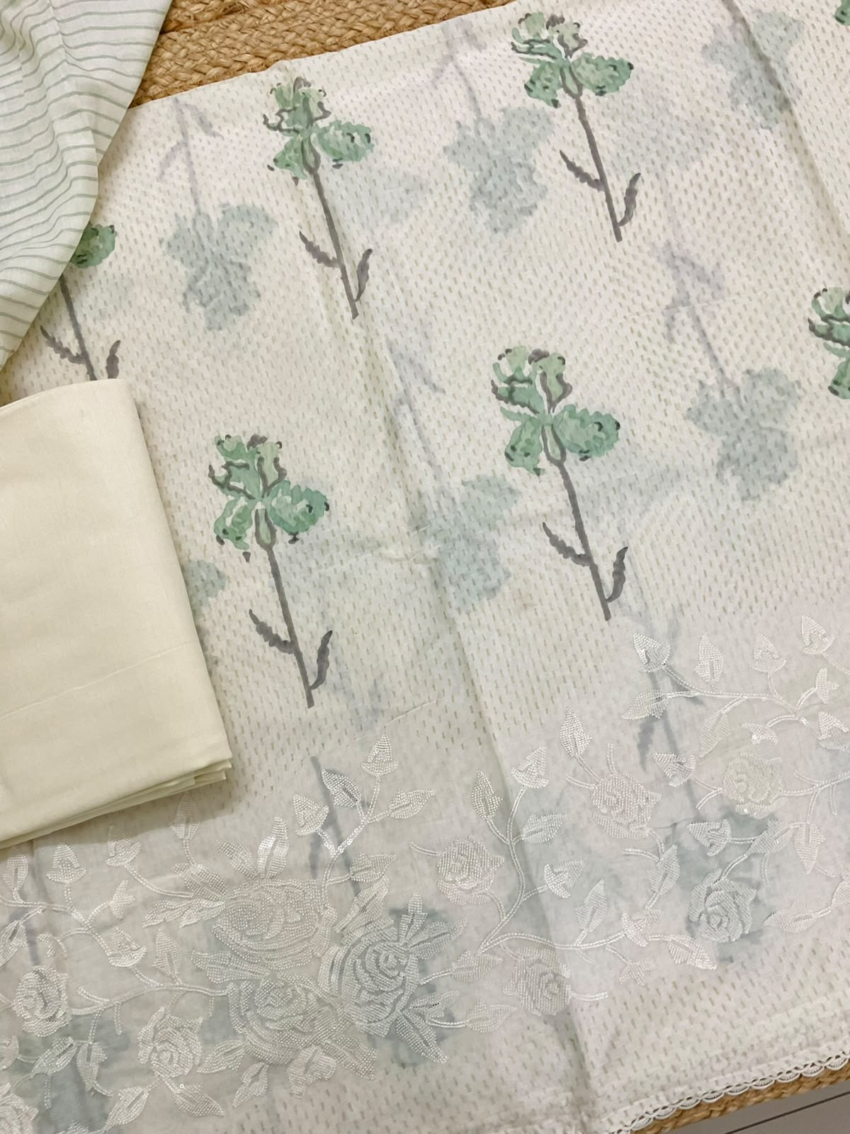 Pure Muslin Printed Embroidered Suit - Cream