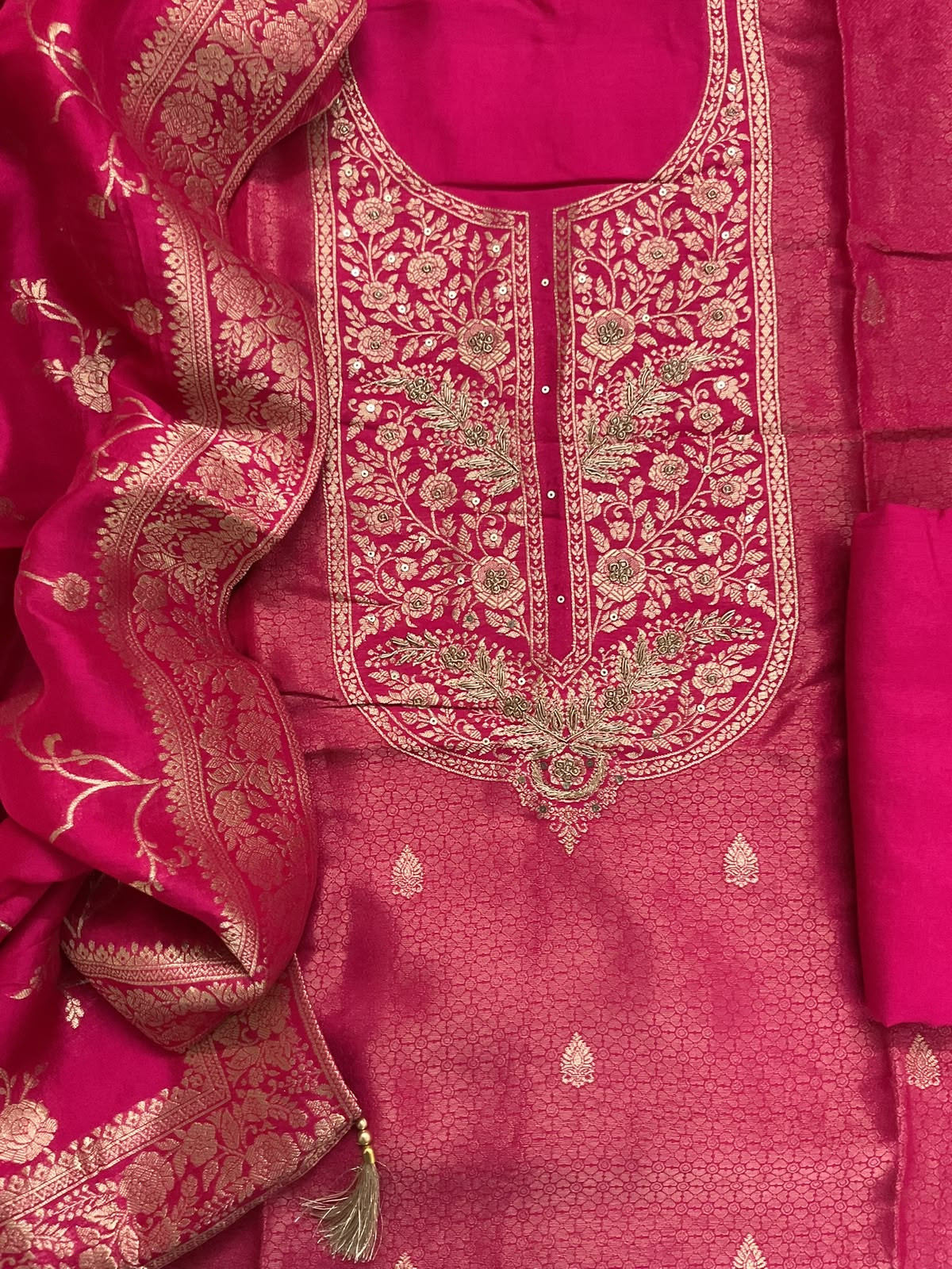 Soft Dola Silk Banarasi Weaved Embroidered Suit - Pink
