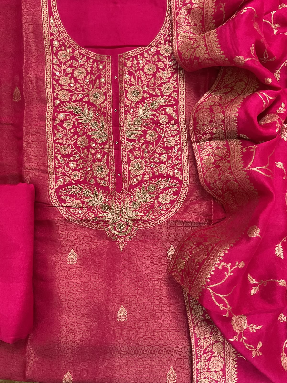 Soft Dola Silk Banarasi Weaved Embroidered Suit - Pink