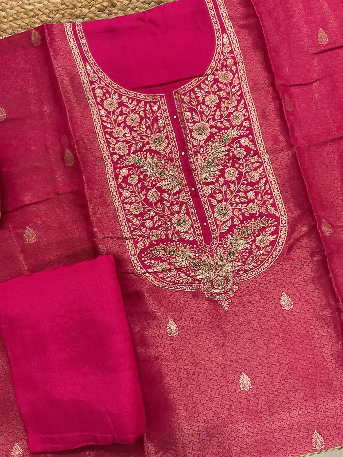 Soft Dola Silk Banarasi Weaved Embroidered Suit - Pink