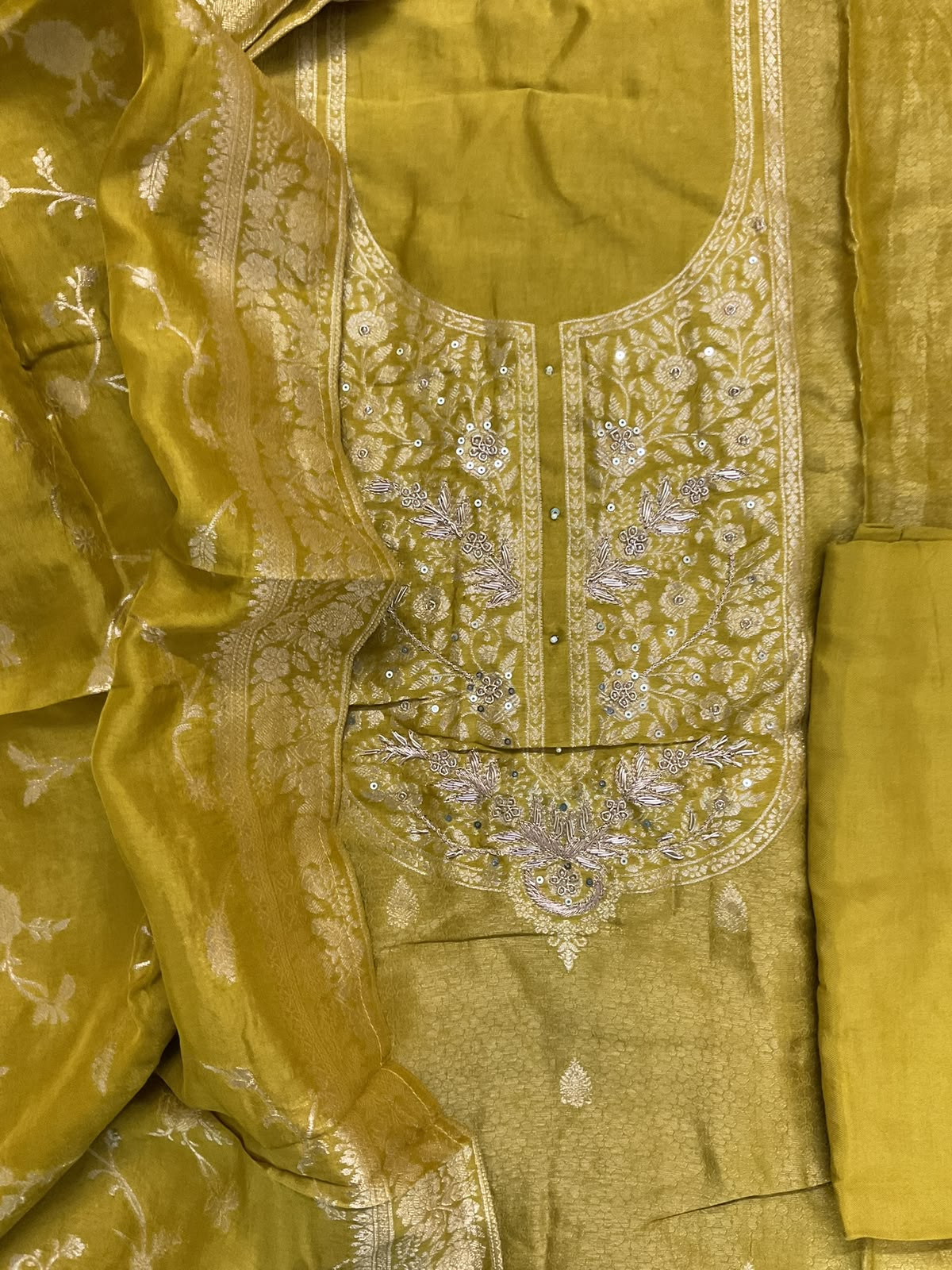 Soft Dola Silk Banarasi Weaved Embroidered Suit - Greenish Yellow