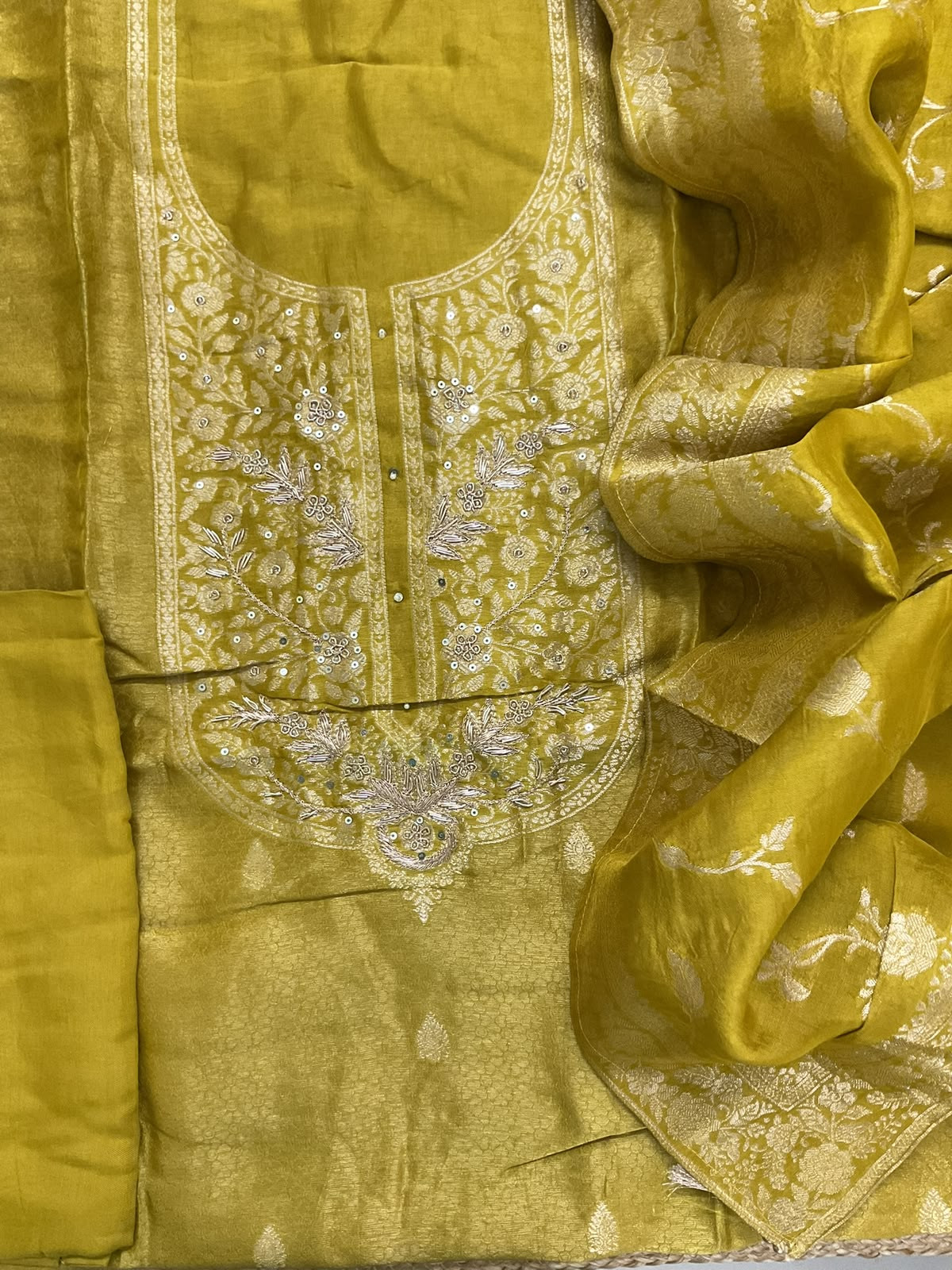 Soft Dola Silk Banarasi Weaved Embroidered Suit - Greenish Yellow