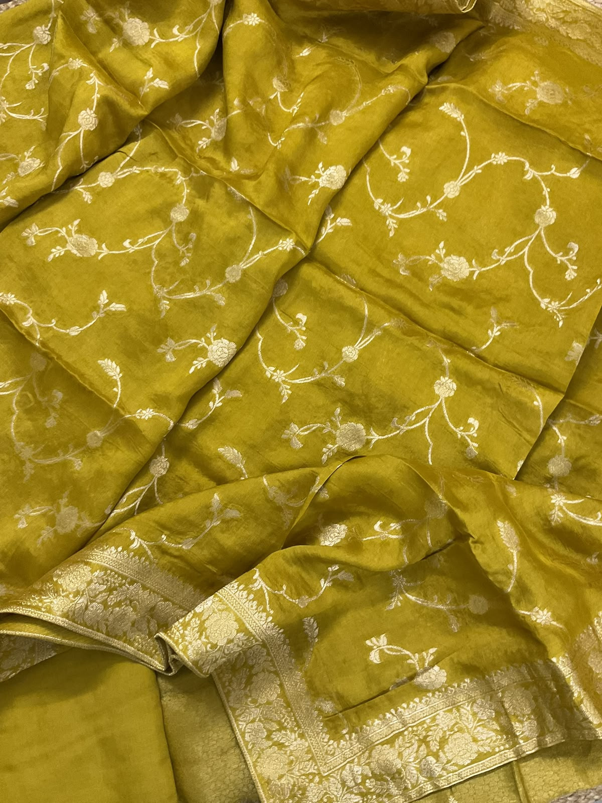 Soft Dola Silk Banarasi Weaved Embroidered Suit - Greenish Yellow