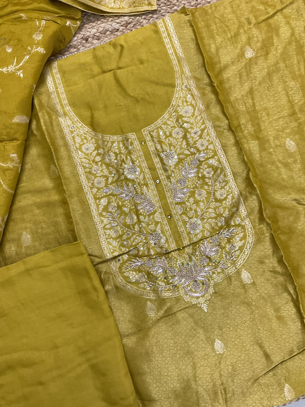 Soft Dola Silk Banarasi Weaved Embroidered Suit - Greenish Yellow