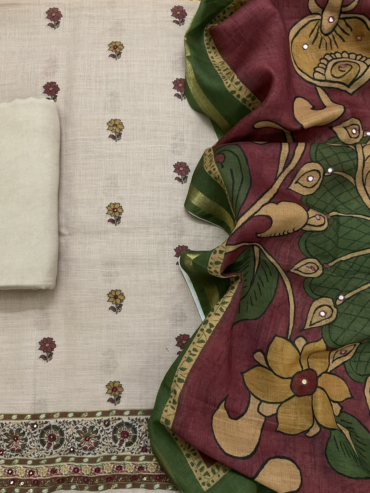 Soft Jute Kota Printed Embroidered Suit - Beige