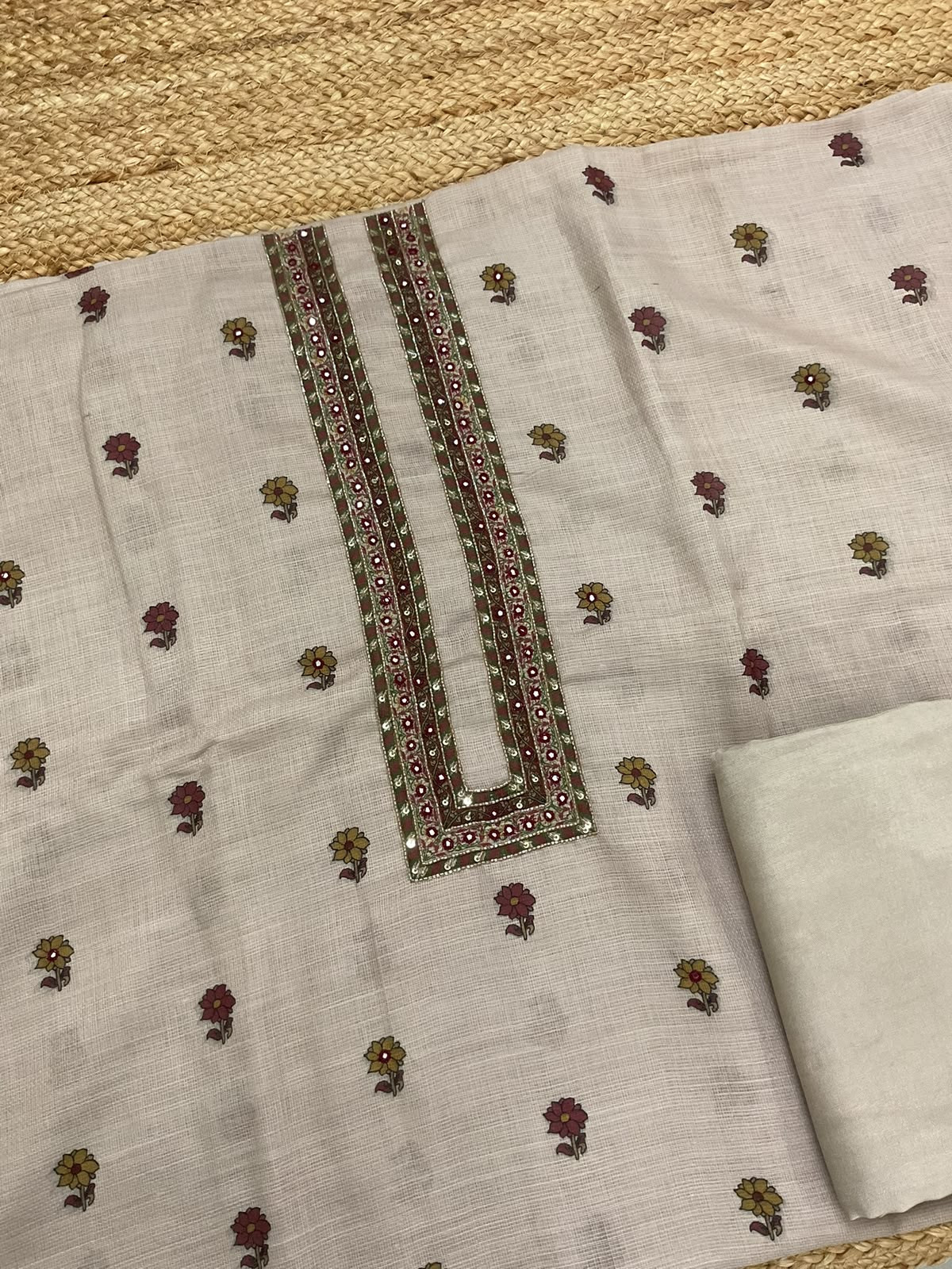 Soft Jute Kota Printed Embroidered Suit - Beige
