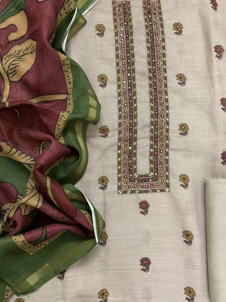 Image of Soft Jute Kota Printed Embroidered Suit - Beige