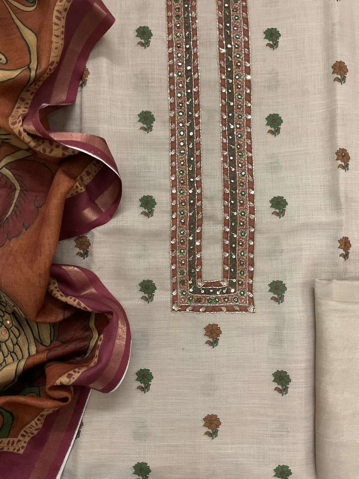 Soft Jute Kota Printed Embroidered Suit - Beige