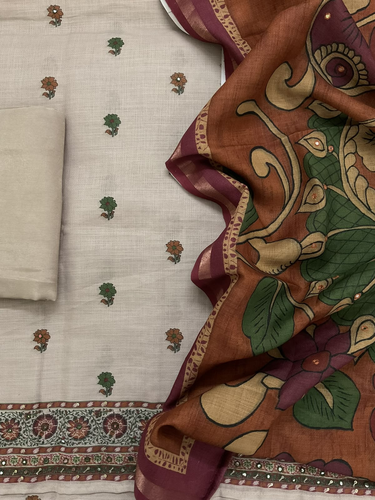 Soft Jute Kota Printed Embroidered Suit - Beige
