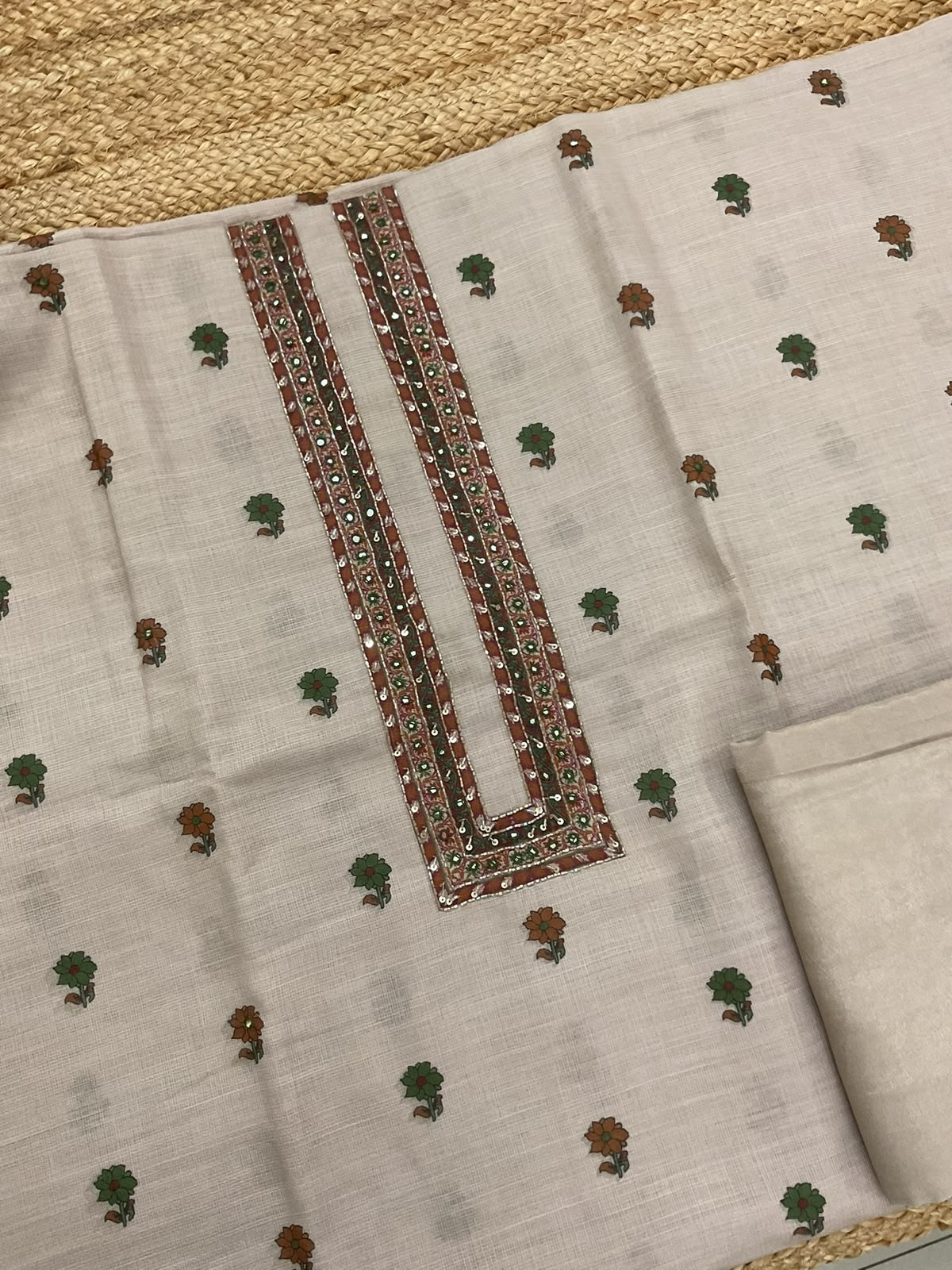 Soft Jute Kota Printed Embroidered Suit - Beige