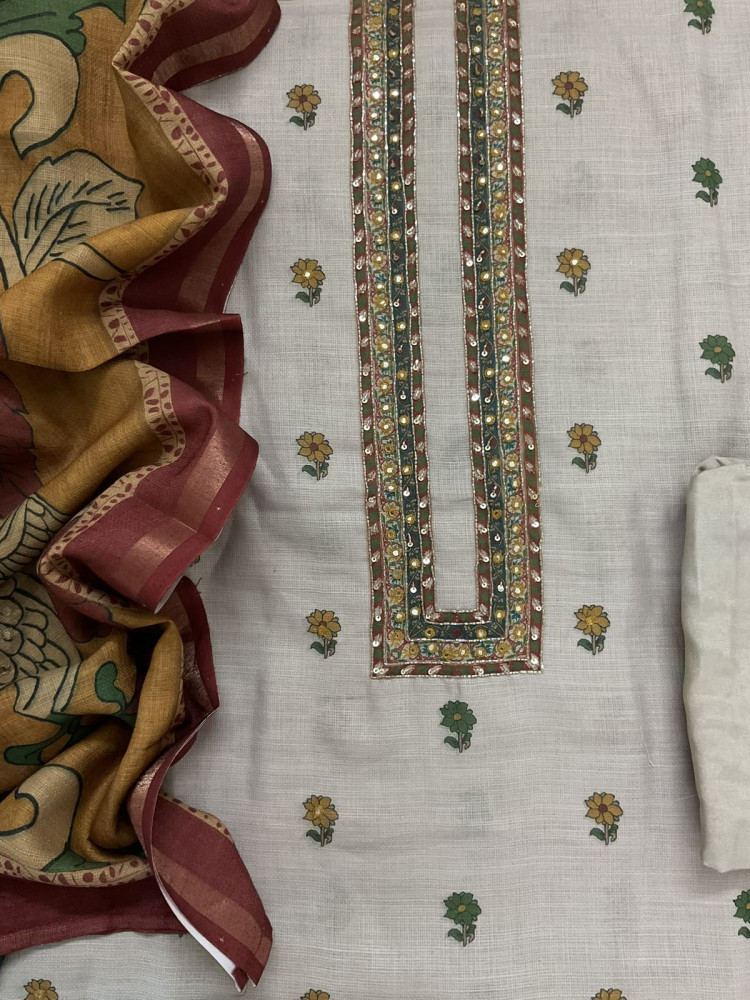 Image of Soft Jute Kota Printed Embroidered Suit - Beige