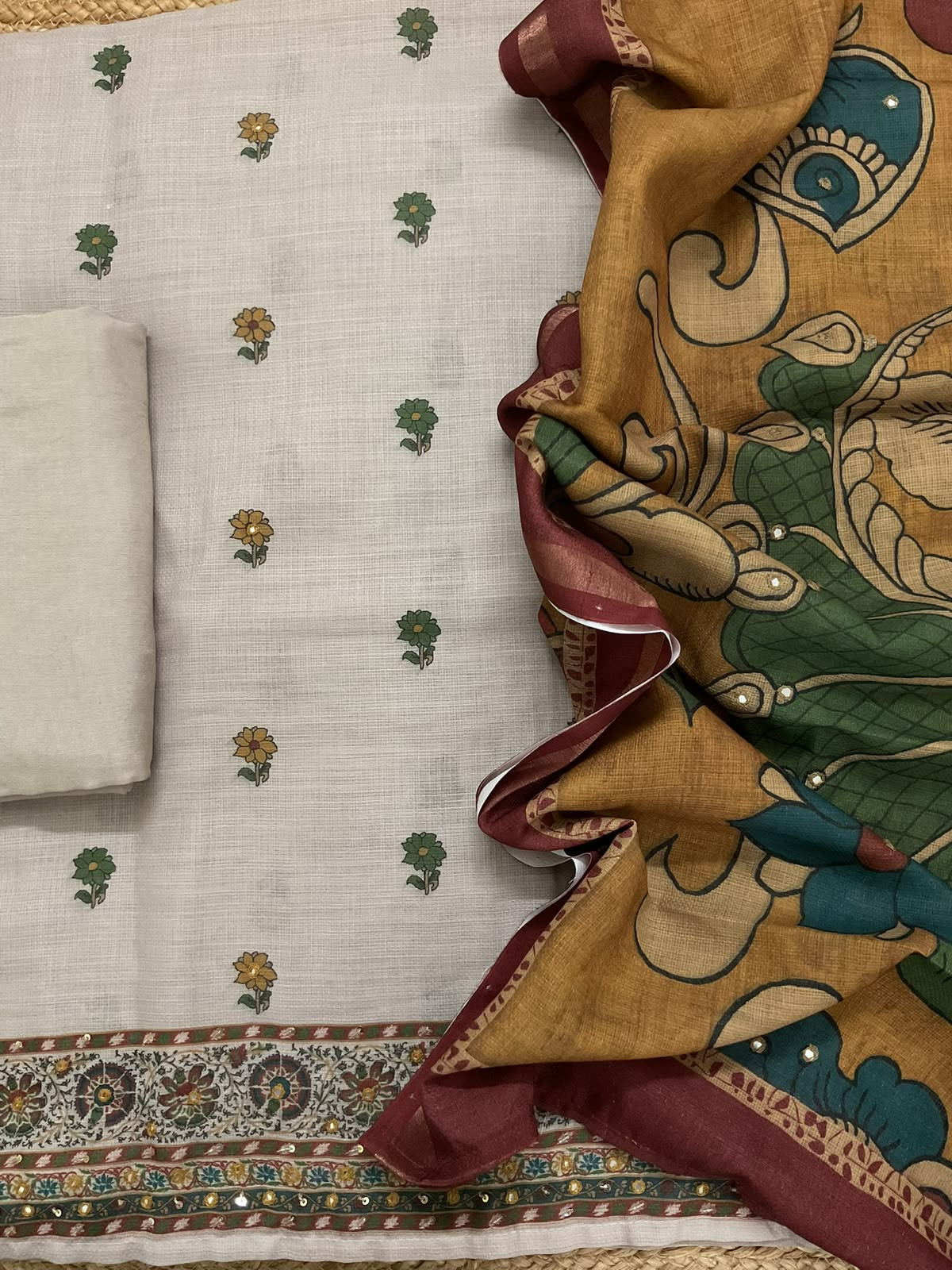 Soft Jute Kota Printed Embroidered Suit - Beige