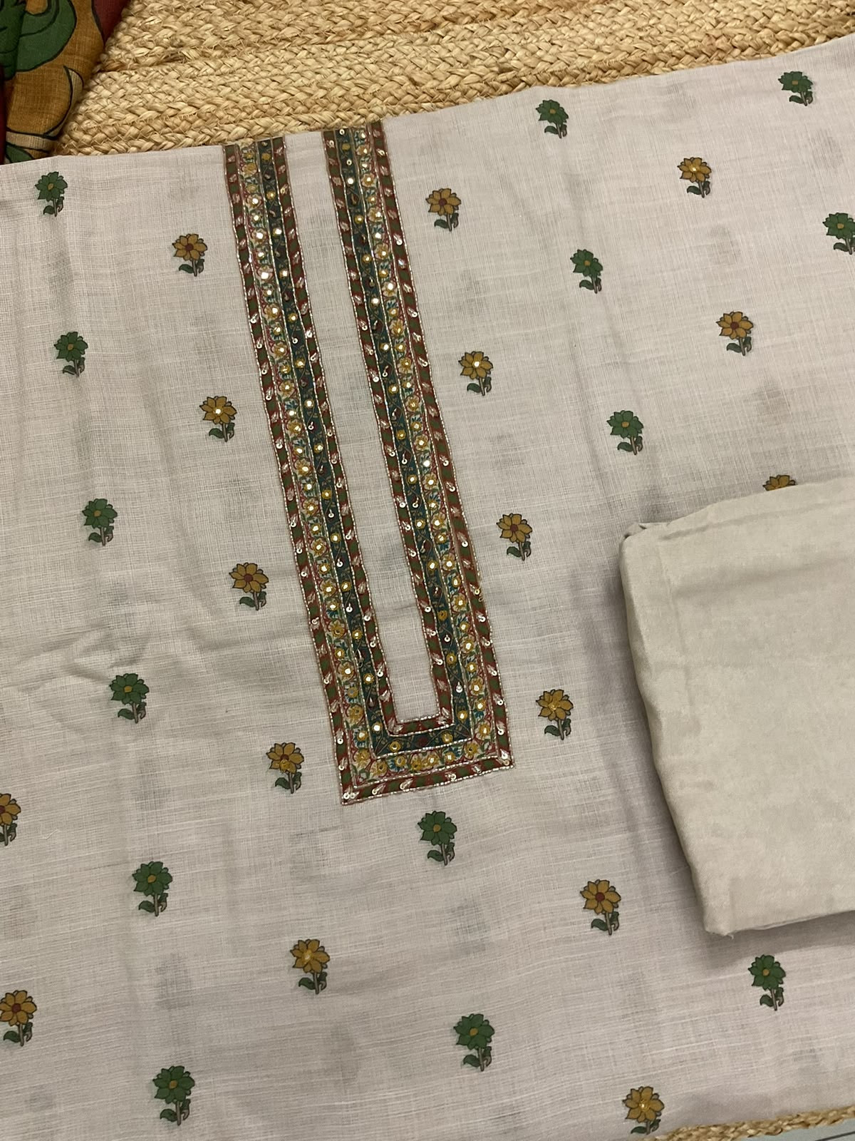 Soft Jute Kota Printed Embroidered Suit - Beige