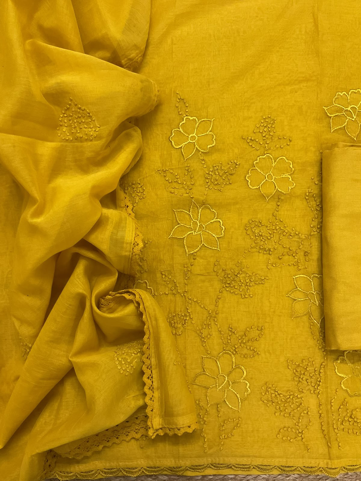 Pure Chanderi Embroidered Suit - Yellow