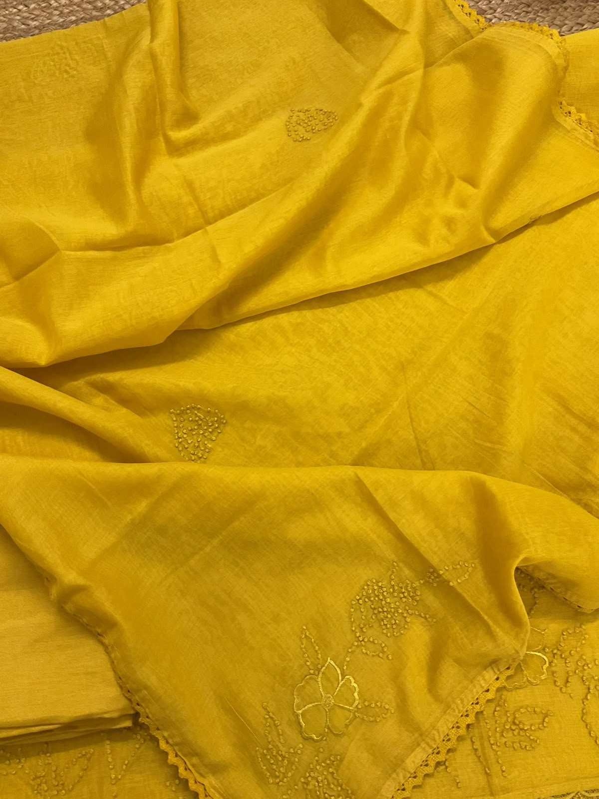 Pure Chanderi Embroidered Suit - Yellow