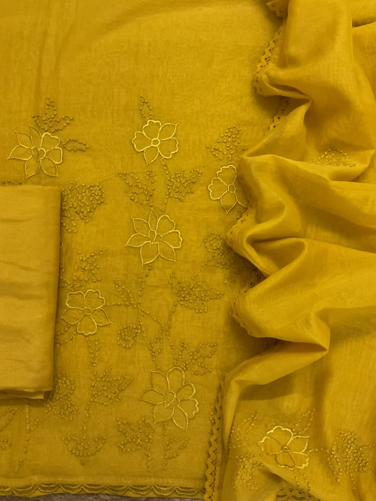 Pure Chanderi Embroidered Suit - Yellow