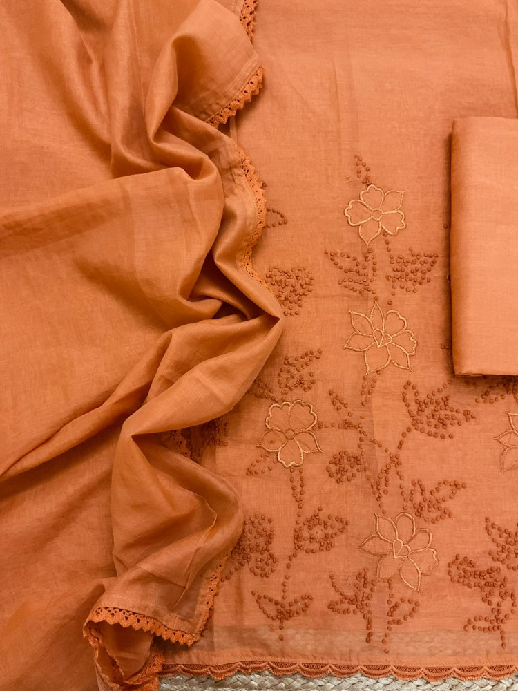 Image of Pure Chanderi Embroidered Suit - Orange