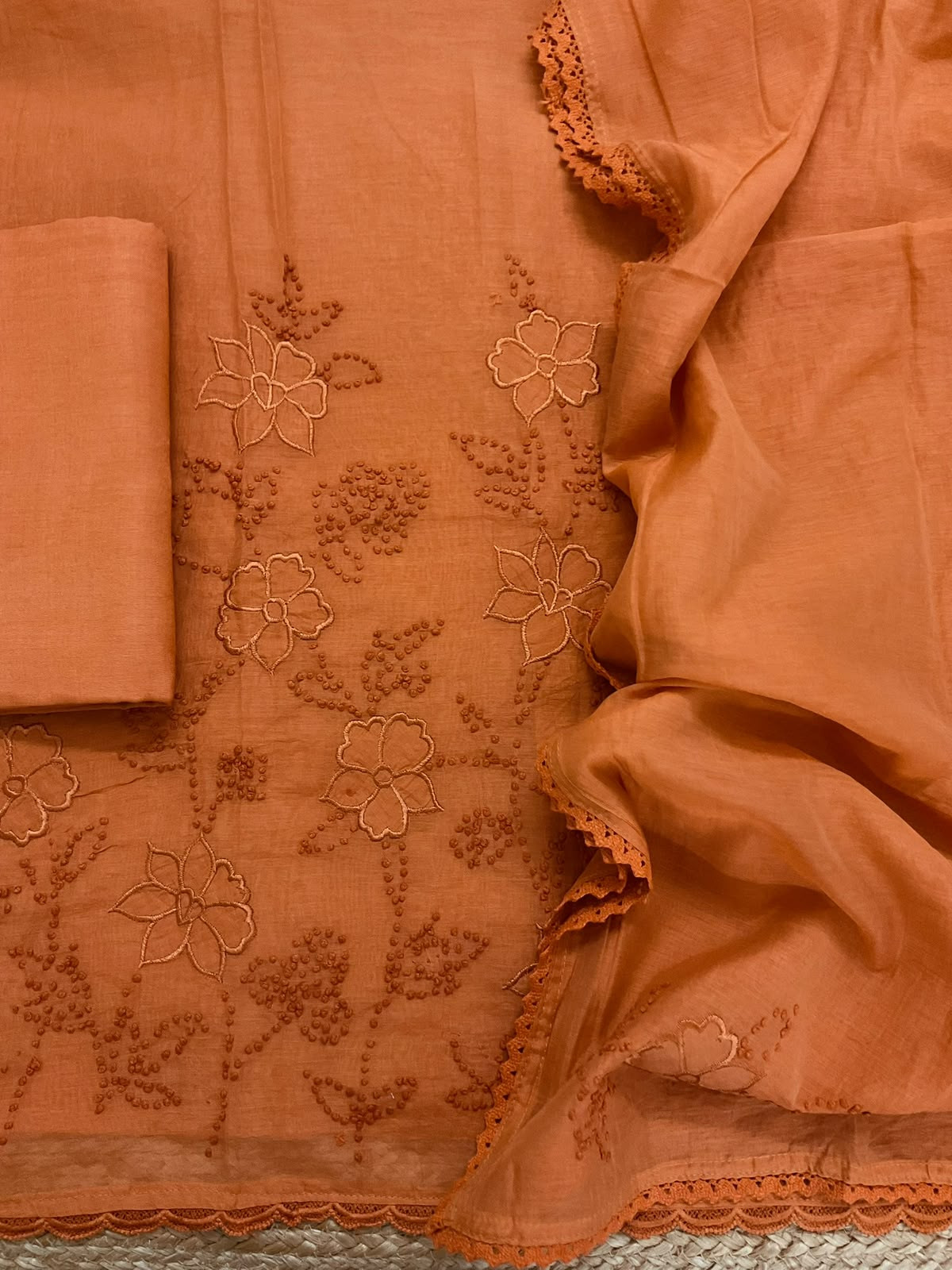 Pure Chanderi Embroidered Suit - Orange