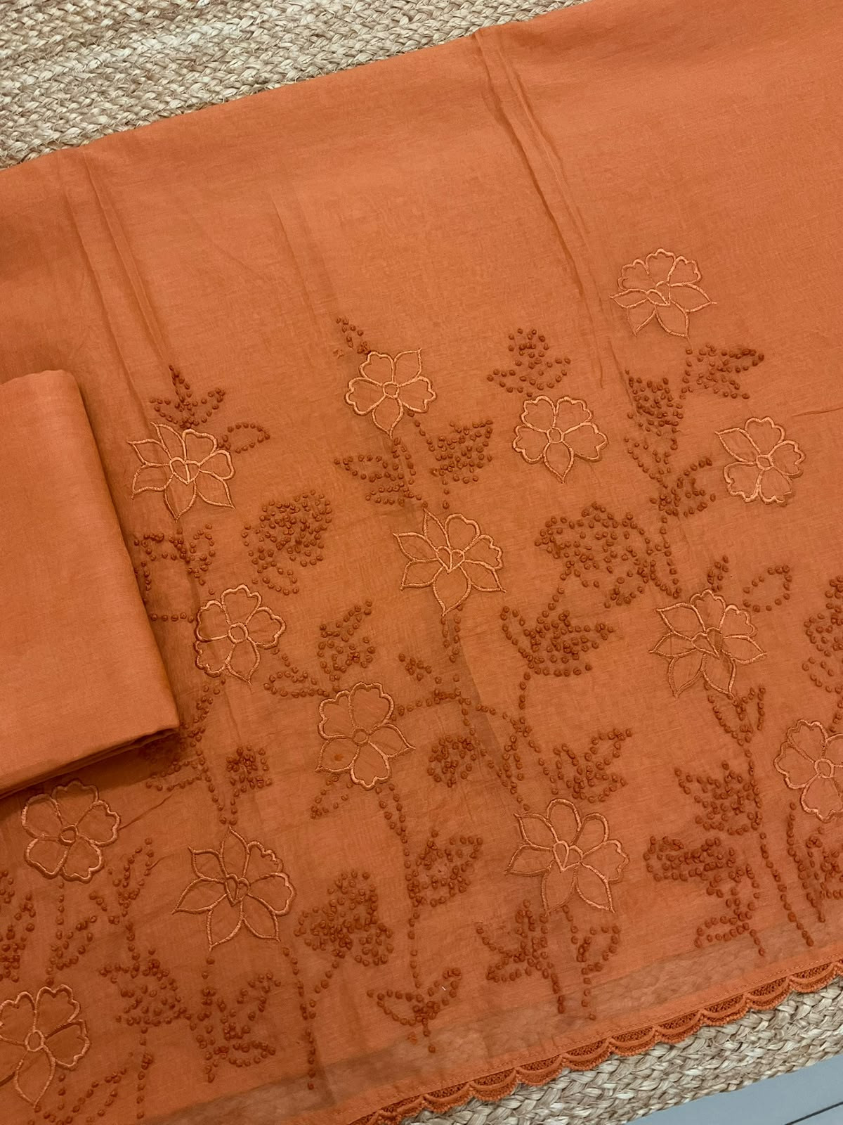 Pure Chanderi Embroidered Suit - Orange