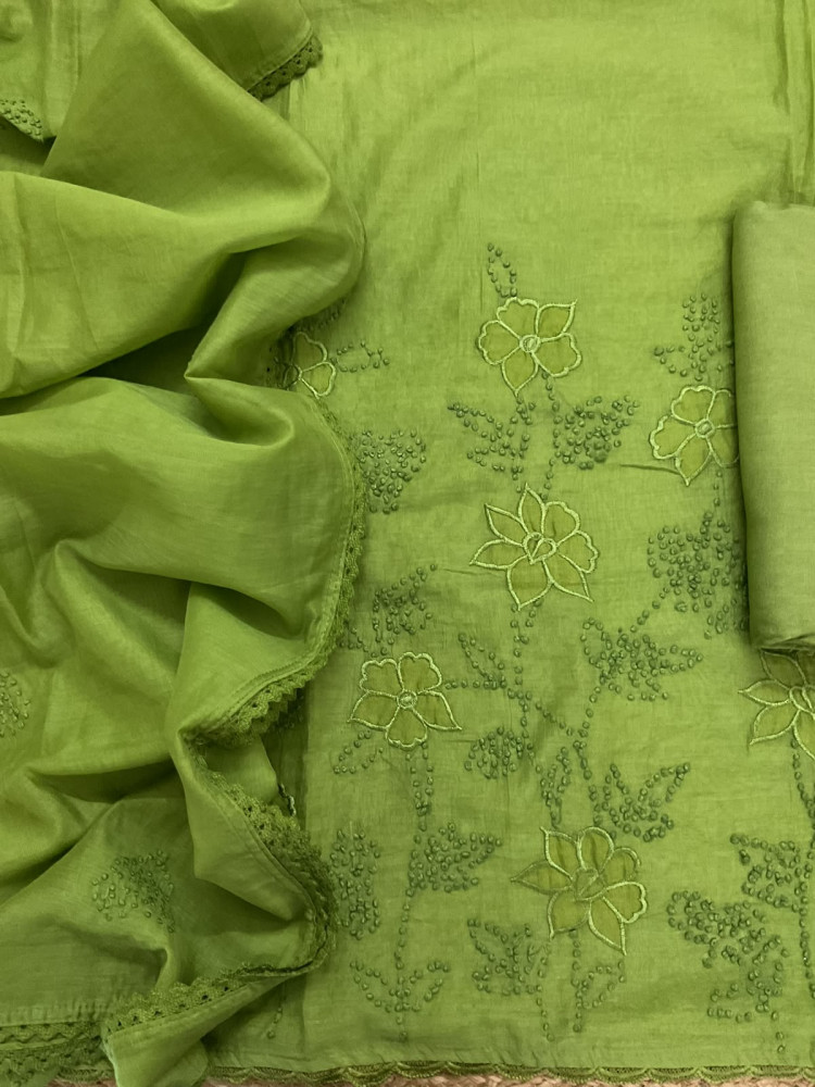 Image of Pure Chanderi Embroidered Suit - Green