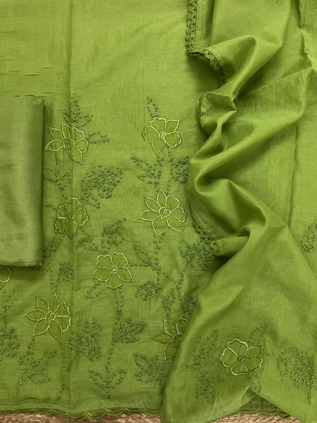 Pure Chanderi Embroidered Suit - Green
