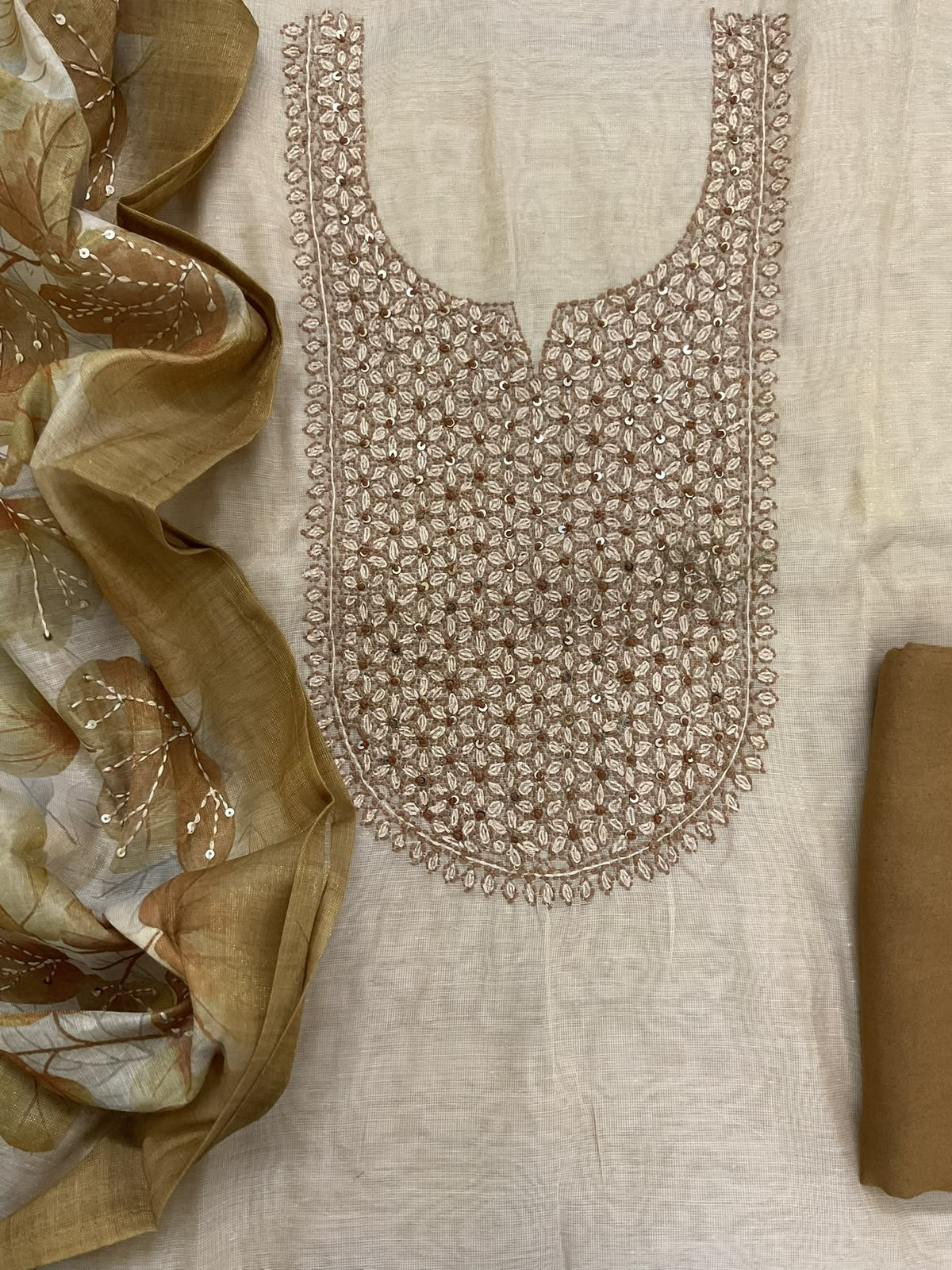 Soft Tissue Slub Cotton Printed Embroidered Suit - Beige