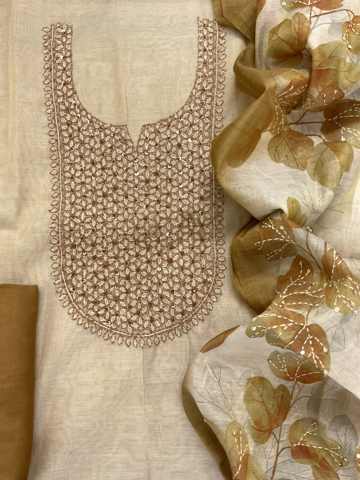 Soft Tissue Slub Cotton Printed Embroidered Suit - Beige