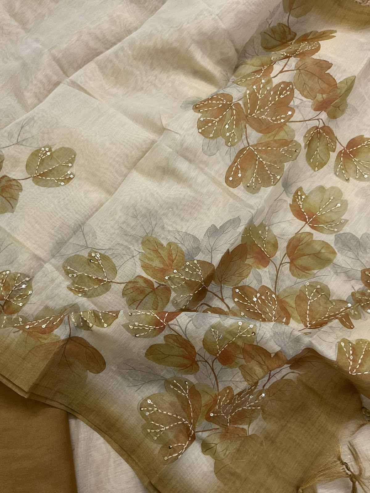 Soft Tissue Slub Cotton Printed Embroidered Suit - Beige