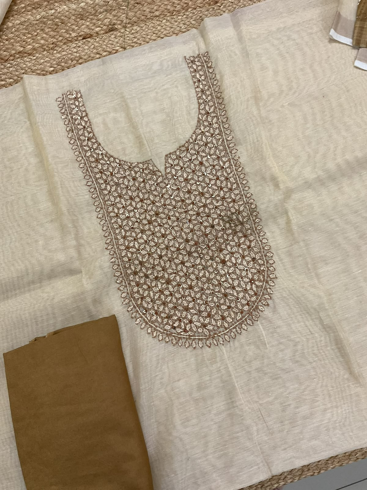 Soft Tissue Slub Cotton Printed Embroidered Suit - Beige