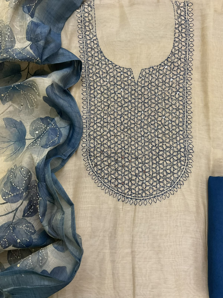 Image of Soft Tissue Slub Cotton Printed Embroidered Suit - Beige
